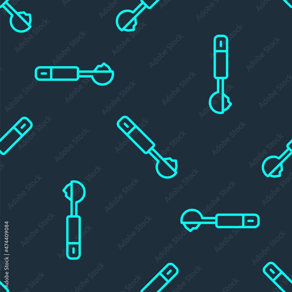 Poster green line measuring spoon icon isolated seamless pattern on blue background. vector