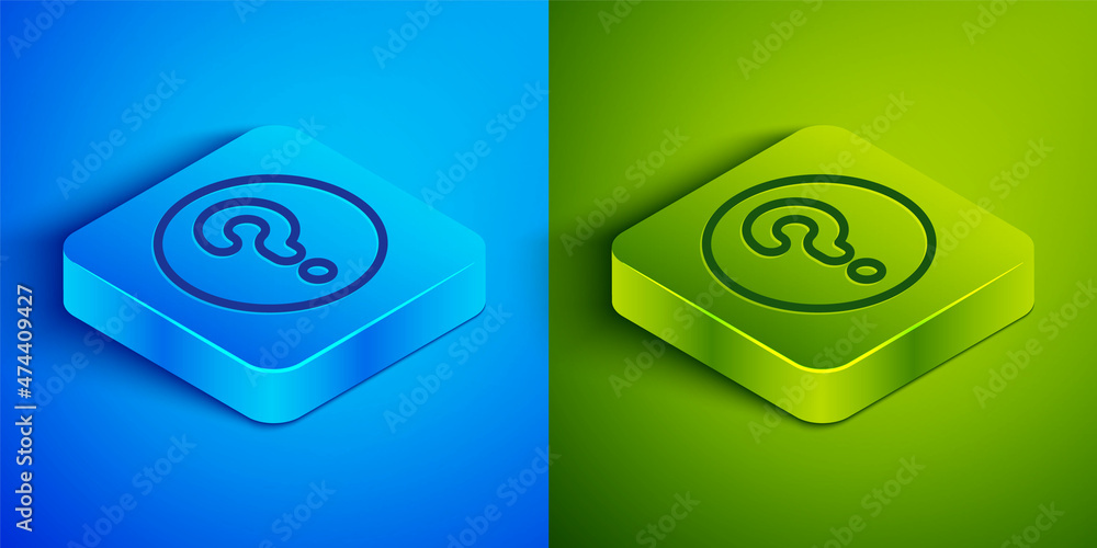 Poster isometric line unknown search icon isolated on blue and green background. magnifying glass and quest
