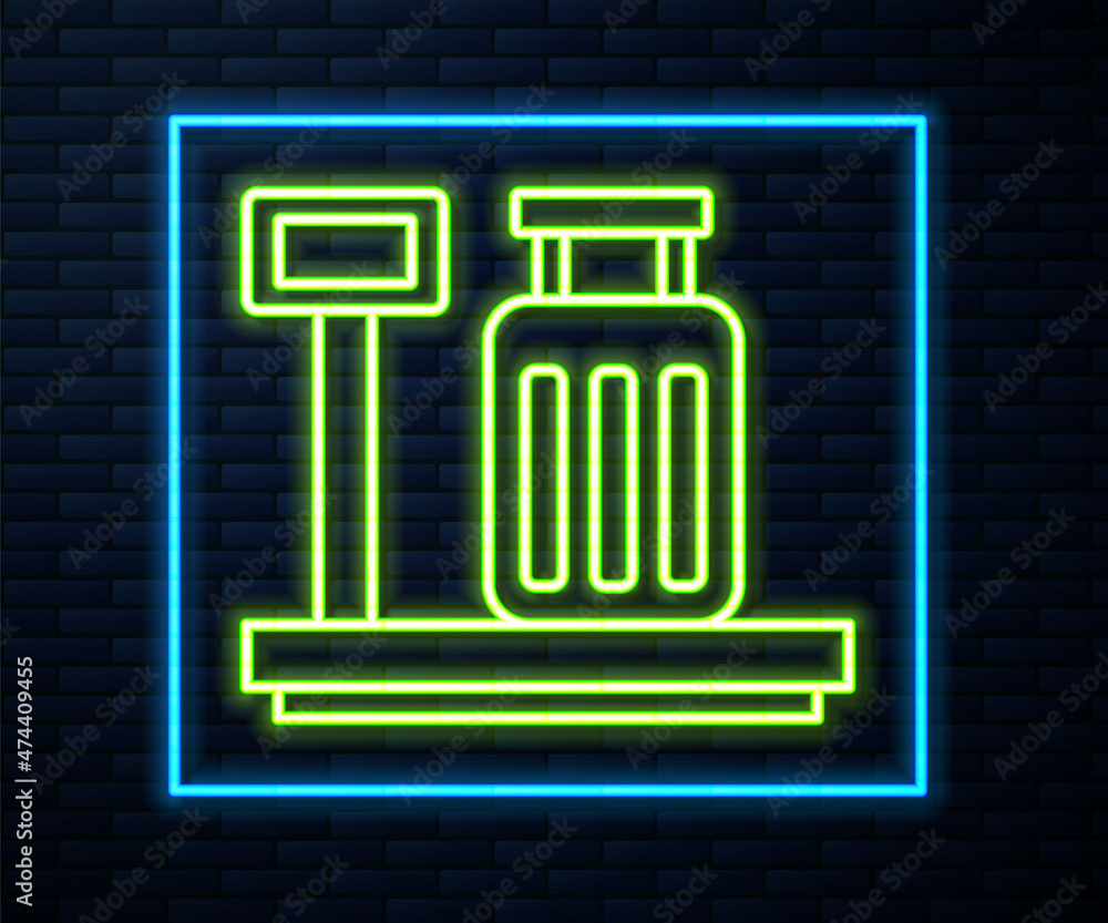 Poster glowing neon line scale with suitcase icon isolated on brick wall background. logistic and delivery.