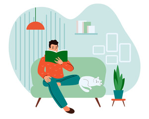 Young man reading a book sitting on the couch illustration Living room concept with couch, student or businessman. Vector illustration.