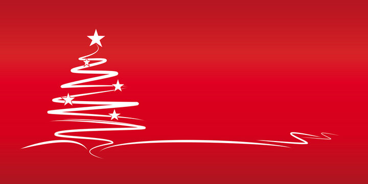 weihnachtskarte - moderner tannenbaum mit weissen linien und sternen  mit rotem hintergund 