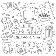 Hand-draw St. Patricks Day set. Traditional holiday symbols. Ireland Holidays. Vector illustration in doodle style isolated on background.