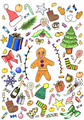 Print on the New Year and Christmas theme. Children's drawing