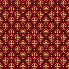 Seamless pattern with red leather upholstery, golden fleur-de-lis. Vector background.