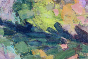 Dipinto ad olio su tela con pennellate in diverse tonalità di colore; texture materica, spazio per testo