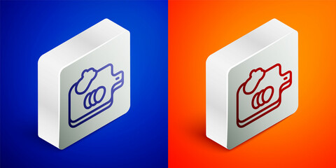 Isometric line Cutting board with vegetables icon isolated on blue and orange background. Chopping Board symbol. Silver square button. Vector