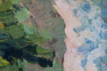 Dipinto ad olio su tela con pennellate in diverse tonalità di colore; texture materica, spazio per testo