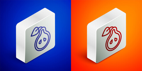 Isometric line Pear icon isolated on blue and orange background. Fruit with leaf symbol. Silver square button. Vector