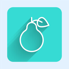 White line Pear icon isolated with long shadow background. Fruit with leaf symbol. Green square button. Vector