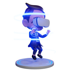 Cute Businessman Cartoon SD Model using virtual reality glasses and touching vr interface., 3D rendering. clipping paht