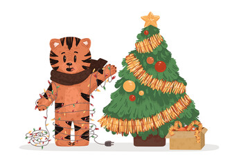The tiger decorates the Christmas tree. Vector illustration for Chinese New Year 2022. Picture with garland, box with decorations, balls, tinsel and cute character.