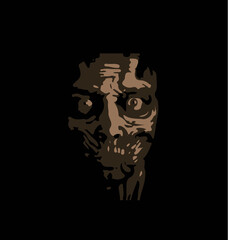 Terrible zombie mask for All Saints' Day or Halloween. Dried human face of crazy man, human skull, vector illustration, abstract logo