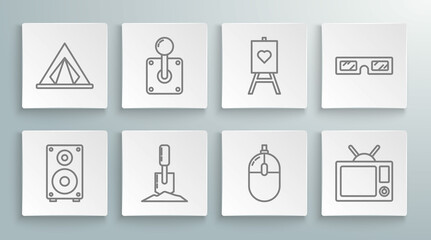 Set line Stereo speaker, Joystick for arcade machine, Shovel the ground, Computer mouse, Television, Wood easel painting art boards, 3D cinema glasses and Tourist tent icon. Vector