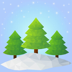 low poly Christmas trees made of triangles on a blue background with stars