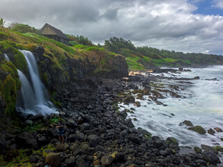 Obraz premium Aerial long exposure view of Senneville waterfall hidden on the south coast of Mauritius island