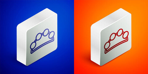 Isometric line Musical instrument percussion tambourine, with metal plates icon isolated on blue and orange background. Silver square button. Vector