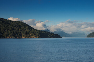 Bowen Island and Howe Sound with clouds approaching golden hour, BC Canada