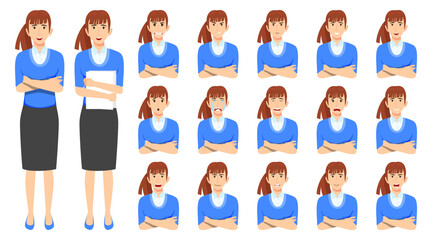 Cute businesswoman set an avatar set with different facial expression and emotion angry cry happy unhappy sad excited cheerful posing