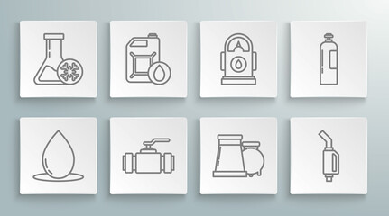 Set line Oil drop, Industry metallic pipes and valve, gas industrial factory building, Gasoline pump nozzle, Petrol station, Industrial cylinder tank and Antifreeze test tube icon. Vector