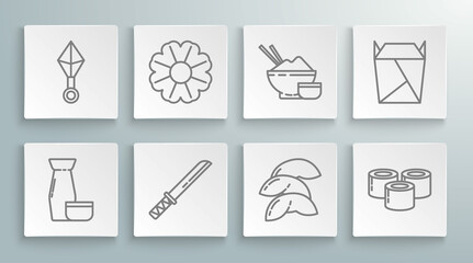 Set line Traditional Japanese tea ceremony, Flower, katana, Chinese fortune cookie, Sushi, Rice bowl with chopstick, Rstaurant opened take out box filled and ninja shuriken icon. Vector