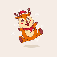 Cute little deer with santa hat jumping