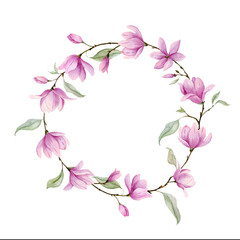 Watercolor Wreath with pink Flowers and green leaves. Hand drawn illustration of circle border with Magnolia or Rose on white isolated background