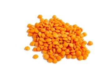 Top view red lentil grains isolated on white background.