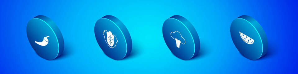 Set Isometric Hot chili pepper pod, Broccoli, Watermelon and Cabbage icon. Vector