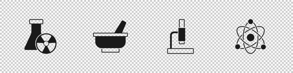 Set Test tube radiation, Mortar and pestle, Microscope and Atom icon. Vector