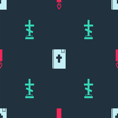 Set Burning candle, Holy bible book and Grave with cross on seamless pattern. Vector