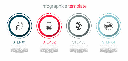Set Human kidney, Test tube and flask, Hemoglobin and No GMO. Business infographic template. Vector