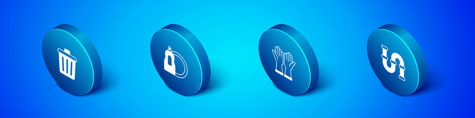 Set Isometric Trash can, Rubber gloves, Industry metallic pipe and Dishwashing liquid bottle icon. Vector