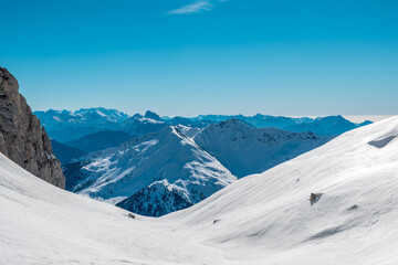 Obraz premium Ski mountaineering in the valley of Chianevate, Carnic Alps, Friuli-Venezia Giulia, Italy