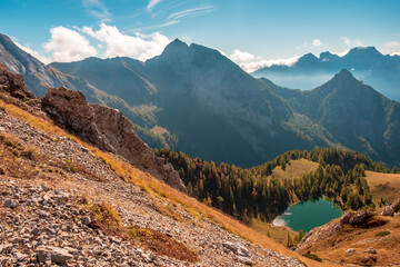 Fototapeta premium The Bordaglia lake in a colorful autumn day