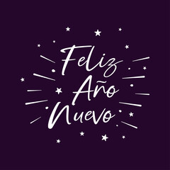 Fototapeta na wymiar Spanish text Feliz Año Nuevo with fireworks and stars. Happy New Year, minimalistic design, vector