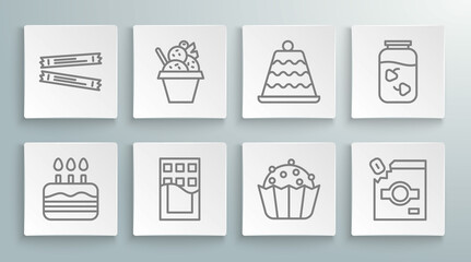 Set line Cake with burning candles, Ice cream bowl, Chocolate bar, Cupcake, Candy packaging for sweets, Strawberry jam jar and Sugar stick packets icon. Vector