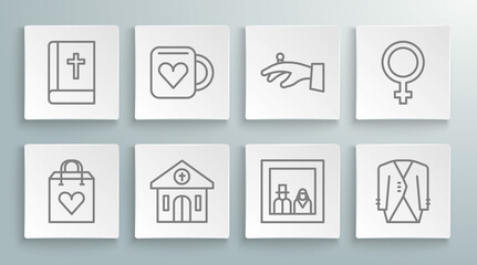 Set line Shopping bag with heart, Coffee cup and, Church building, Family photo, Suit, Wedding rings on hand, Female gender symbol and Holy bible book icon. Vector