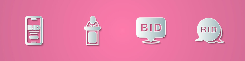 Set paper cut Online auction, Auction auctioneer sells, Bid and icon. Paper art style. Vector