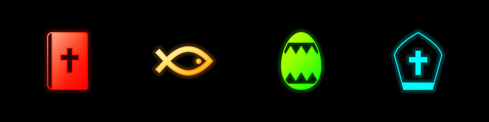 Fototapeta premium Set Holy bible book, Christian fish symbol, Easter egg and Pope hat icon. Vector