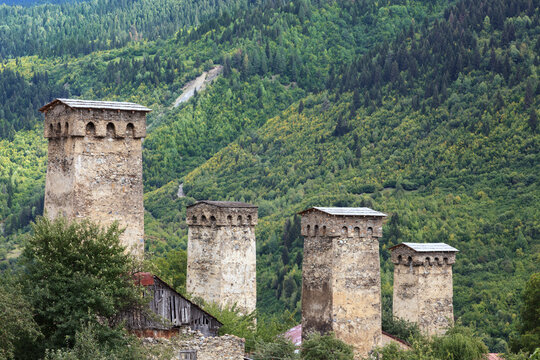 Tourist landmark of Svanetia - Medieval Svan Tower-houses. Georgia