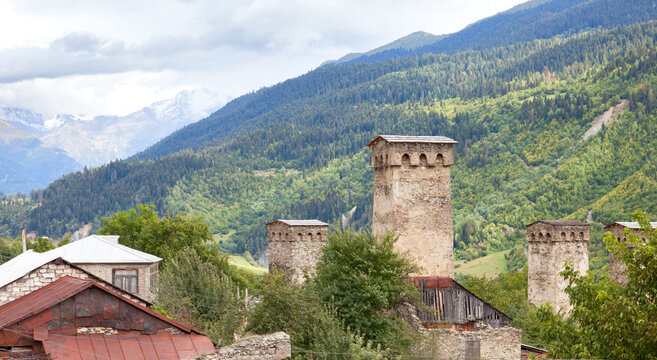 Medieval Svan stone houses with watchtowers and residential towers. Famous attraction of Svaneti, Georgia, Caucasus