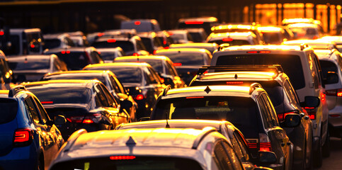 Car traffic jam at sunset selective focus.