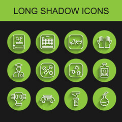 Set line Gas mask, Electronic scales, Chemistry book, Test tube and flask, Plant breeding, Medicine pill or tablet, Poison bottle and Bacteria icon. Vector