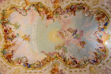 Melk, Austria - October 2021: Decorated ceiling of pavilion in Melk abbey gardens in Wachau valley