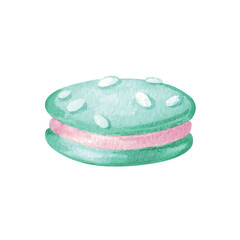 Watercolor illustration with turquoise macaroon in cartoon style. Cute illustration of sweets for girls in the nursery