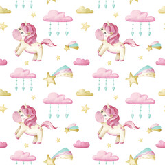Pattern with unicorns. Watercolor seamless pattern with cute unicorns, clouds and stars for girls in cartoon style for the nursery