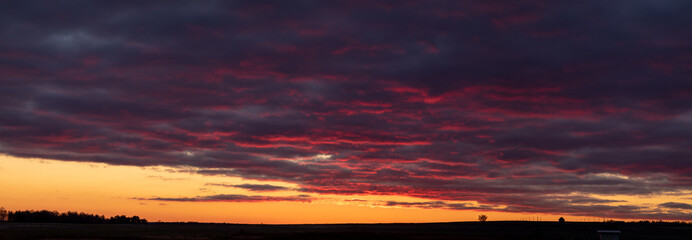Wonderful summer landscape. Sunset. Bright orange-pink sky at dawn.