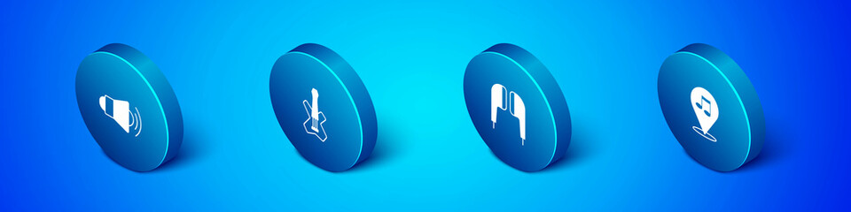 Set Isometric Megaphone, Air headphones, Location musical note and Electric bass guitar icon. Vector