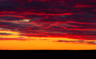 Wonderful summer landscape. Sunset. Bright orange-pink sky at dawn.