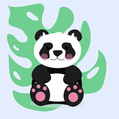 panda with green leaves in flat style